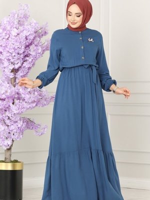 İndigo Düğme Detaylı Viskon Elbise