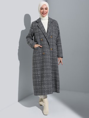 Açık Gri Desenli Süs Düğme Detaylı Kaban