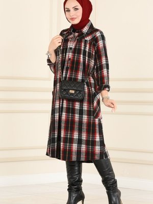 Bordo & Siyah Yarım Düğmeli Ekose Tunik Bordo & Siyah Yarım Düğmeli Ekose Tunik