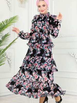 Siyah Sual Eteği Katlı Şifon Elbise