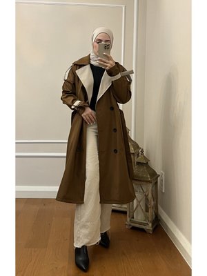 Çift Renk Trençkot Kahverengi Bej