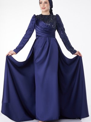 Düz Bisiklet Yaka Lacivert Payetli Arkası Kuyruklu Abiye Elbise