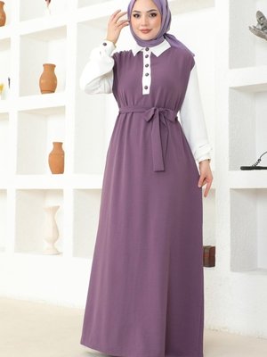 Koyu Lila & Ekru Yaka Aerobin Gömlek Elbise