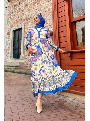 Mavi New Alaçatı Desenli Elbise