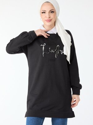 Sıyah Bisiklet Yaka Baskılı Uzun Kollu Sweatshirt