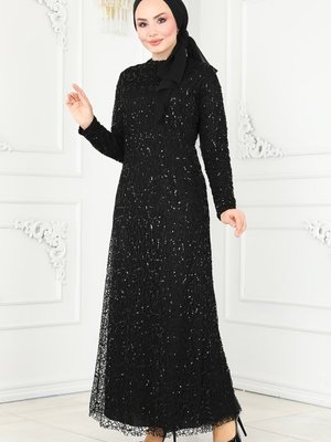 Siyah Pul Detaylı Abiye Elbise