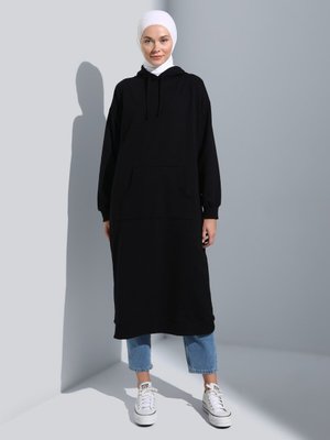 Kanguru Cepli Kapüşonlu Uzun Sweatshirt Siyah Benin