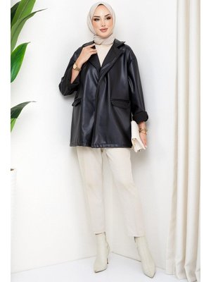 Siyah Oversize Deri Ceket Siyah Oversize Deri Ceket
