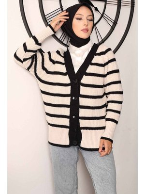 Bej Çizgili Triko Hırka