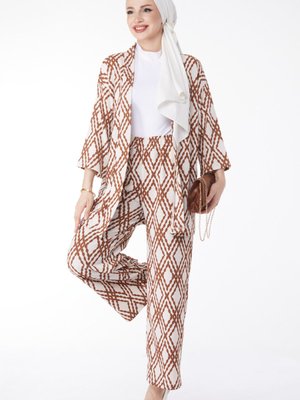 Düz Ceket Yaka Kahve Desenli İkili Takım