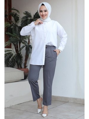 Gri Zülal Beli Lastikli Cepli Pantolon