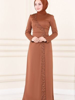 Taba İnci İşlemeli Elbise