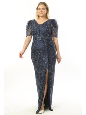 Büyük Beden Lacivert Uzun Abiye Elbise