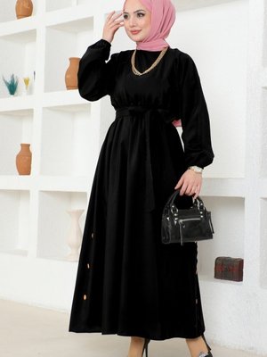 Siyah Düğme Detaylı Terikoton Elbise