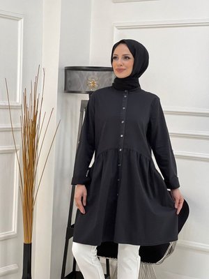 Doğal Kumaşlı Düğmeli Tunik Siyah