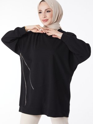 Düz Bisiklet Yaka Siyah Fermuar Detaylı Tunik