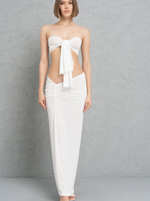 Offwhite Büzgü Detaylı Uzun Etek