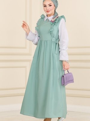 Mint Göğsü Fırfırlı Terikoton Elbise