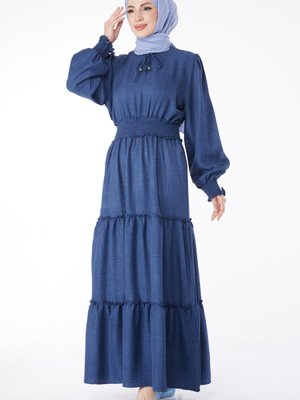 Düz Bisiklet Yaka Lacivert Gipe Detaylı Elbise Düz Bisiklet Yaka Lacivert Gipe Detaylı Elbise
