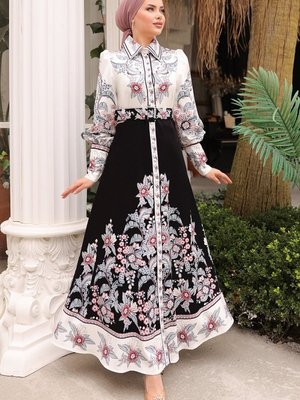 Ekru & Siyah Sual Balon Kollu Atlas Elbise