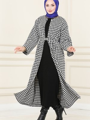 Siyah & Ekru Kazayağı Desenli Ferace Siyah & Ekru Kazayağı Desenli Ferace