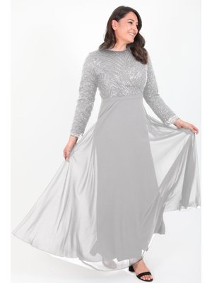 Büyük Beden Gri Uzun Abiye Elbise