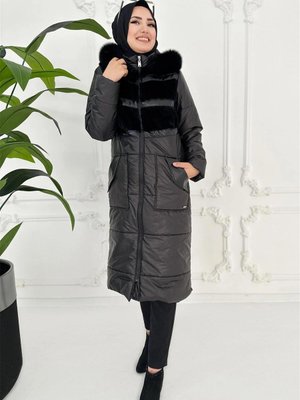 Rugan Şeritli Kürklü Kaban Siyah
