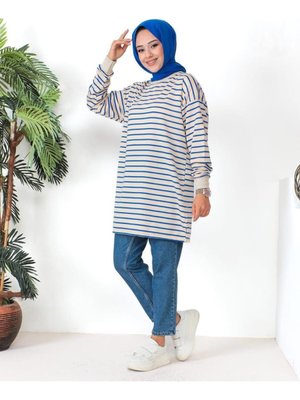 Çizgili İki İp Yırtmaç Detaylı Tunik