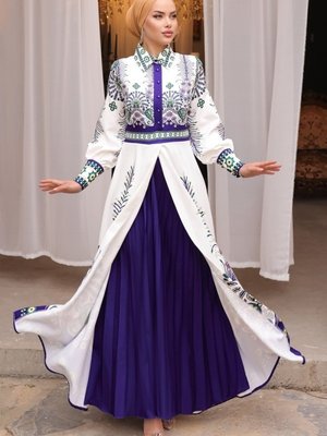 Mor Sual Eteği Piliseli Atlas Elbise