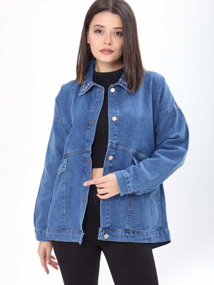 Mavı Yakası Taş Detaylı Kot Ceket