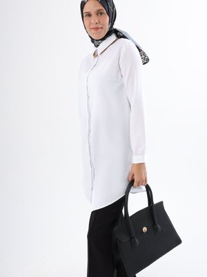 Beyaz Basic Gizli Patlı Gömlek Tunik