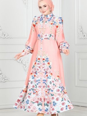 Pudra Çiçek Desenli Atlas Elbise