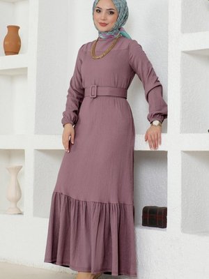 Lila Kaplama Kemerli Bürümcük Elbise