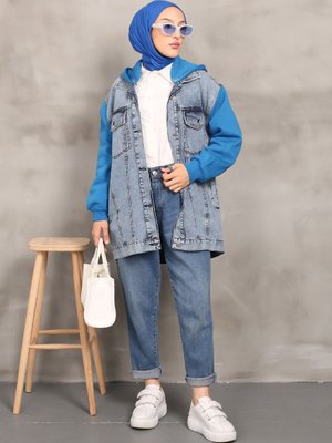 Petrol Mavisi Kapüşonlu Kot Ceket Petrol Mavisi Kapüşonlu Kot Ceket