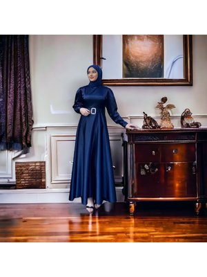 Lacivert Saten Kemerli Elbise