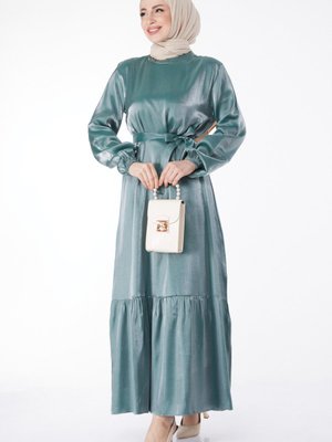 Düz Hakim Yaka Mint Parlak Kuşaklı Elbise Düz Hakim Yaka Mint Parlak Kuşaklı Elbise