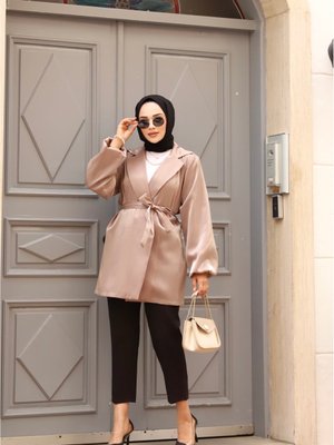 Organze Saten Modeli ( Owersize Geniş Modeldir Ceket Boyu :75cm) Vizon