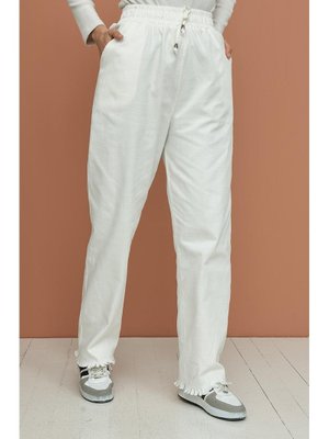 Ekru Saçaklı Bol Paça Kot Pantolon