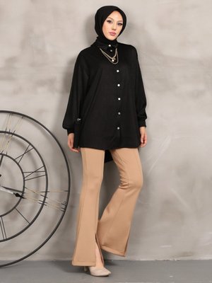 Siyah Pliseli Örme Gömlek