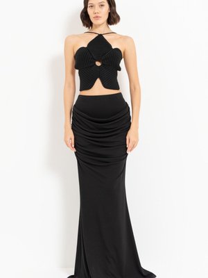 Siyah Bel Lastikli Büzgülü Uzun Etek Siyah Bel Lastikli Büzgülü Uzun Etek