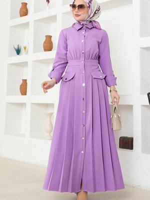 Açık Lila Eteği Piliseli Krep Elbise