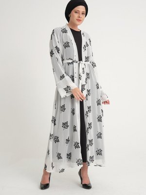 Beyaz Yaprak Desen Tül Abaya Ferace