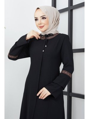 Büyük Beden Nakış işleme Detaylı siyah Ferace Büyük Beden Nakış işleme Detaylı siyah Ferace