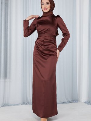 Kahve Drape Detaylı Saten Abiye Elbise