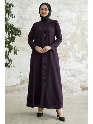 Mürdüm Sıralı Taş Nakışlı Ferace