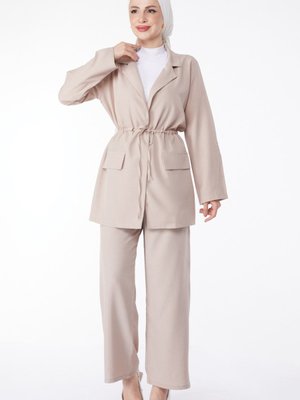 Düz Ceket Yaka Taş Sahte Cep Detaylı Bağcıklı İkili Takım