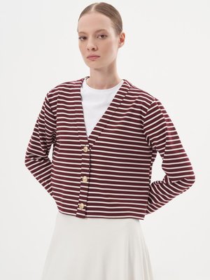 Bella Çizgili Kısa Hırka Bordo Ekru