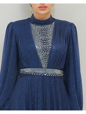 İnci Süslemeli Simli Abiye Elbise
