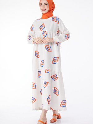 Düz Bisiklet Yaka Oranj Desenli Elbise Düz Bisiklet Yaka Oranj Desenli Elbise