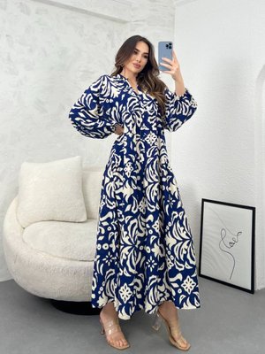 Düğmeli Hakim Yaka Desenli Balon Kol Geniş Kloş Kesim Yazlık Elbise